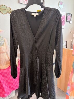 She + Sky Black Leopard Jacquard Wrap Long Sleeve Dress